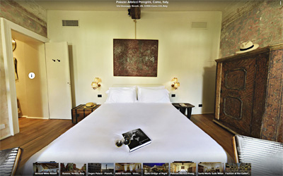 Luxury hotel room interior, screen shot of a hotels virtual tour showing tour hotspots and navigation.