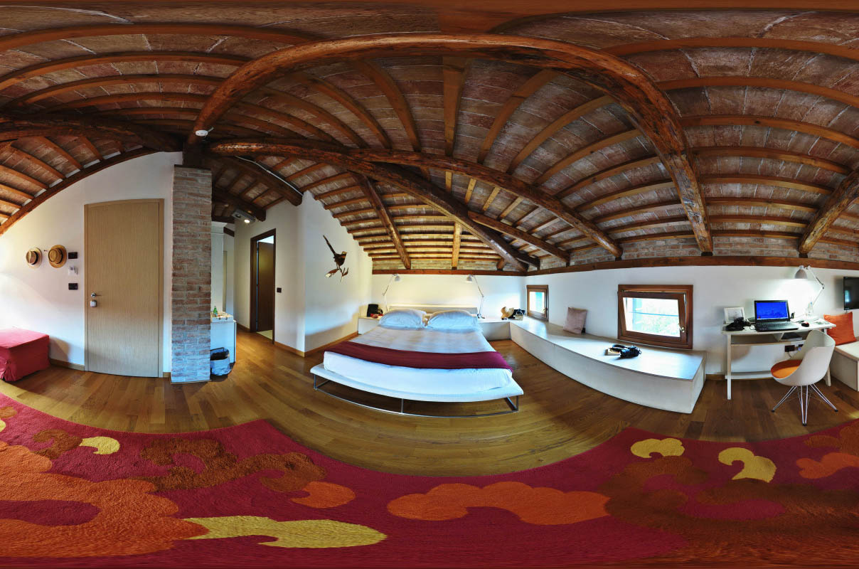 Resort accommadation, hotel room photographed in 360 degrees showing the whole of the stylish room.