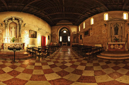Interior of Chiesa di Santa Caterina from a virtual tour of the island of Mazzorbo Venice, Italy. 360 degree heritage architecture panorama photography.