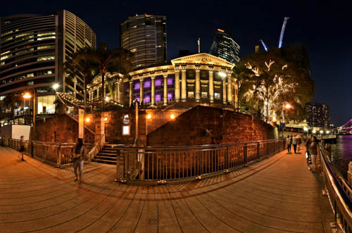 Customs House seen from the Brisbane River Walkway, the panorama also includes the Story Bridge and Kangaroo Point.