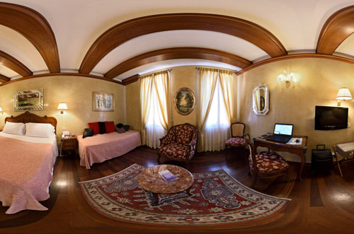 Hotel room photographed as a 360 degree panorama in Venice, Italy.