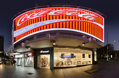 360° photograph of the Neon Coke Sign, Kings Cross at dusk, William Street Sydney