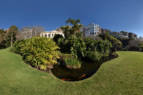 Historic Elizabeth Bay House and gardens, carp pond, 360 photosphere Virtual tour.