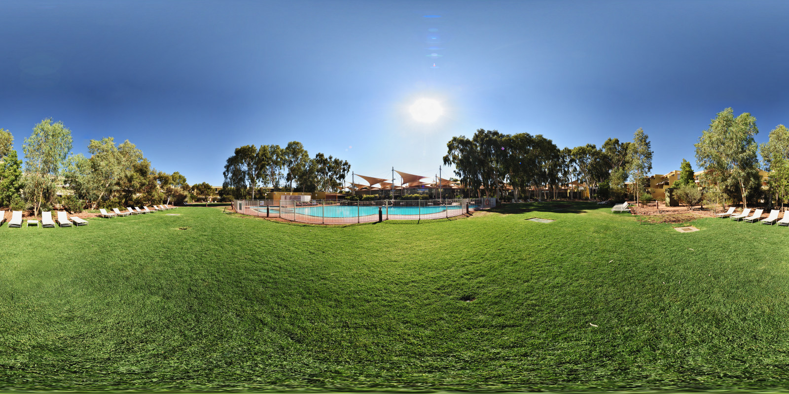 Sails Resort Yulara, pool and grassed grounds with sunlounges. 360 virtual tour 