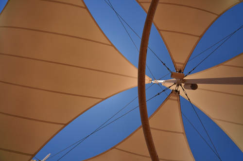 A detail looking up at the distinctive sails that create much neeeded shade at Sails Resort, Yulara N.T.
