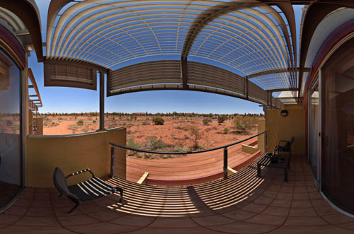 Desert Gardens Hotel room's verandah view of Uluru Virtual Tour of Uluru and Sails Resort
